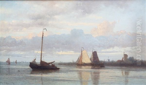 Fishing Boats On A Calm River Oil Painting by Johan Conrad Greive