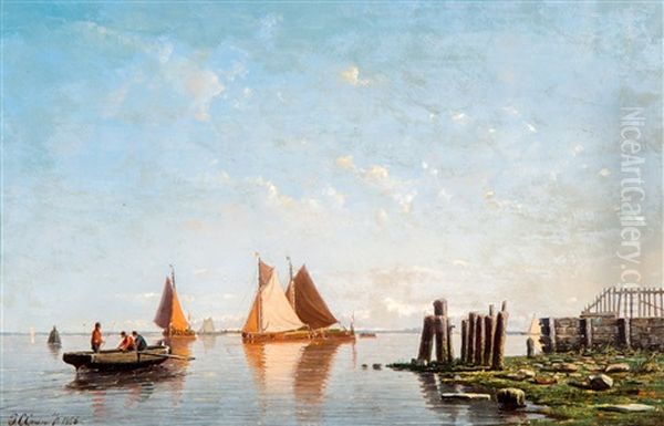 Vissersboten Op Kalm Water Met Drie Figuren In Een Roeiboot Oil Painting by Johan Conrad Greive