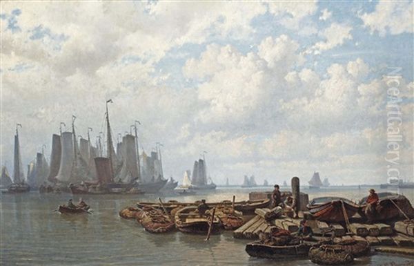 A Busy Day Near The Vlothaven On The Ij, Amsterdam Oil Painting by Johan Conrad Greive