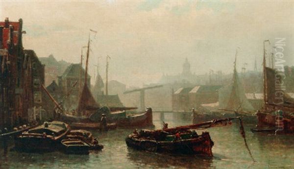 A View Of The Damrak, Amsterdam, With The Palace On Dam Square Beyond Oil Painting by Johan Conrad Greive