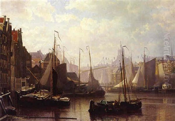 A View Of The Damrak, Amsterdam, With The Dam Palace Beyond Oil Painting by Johan Conrad Greive