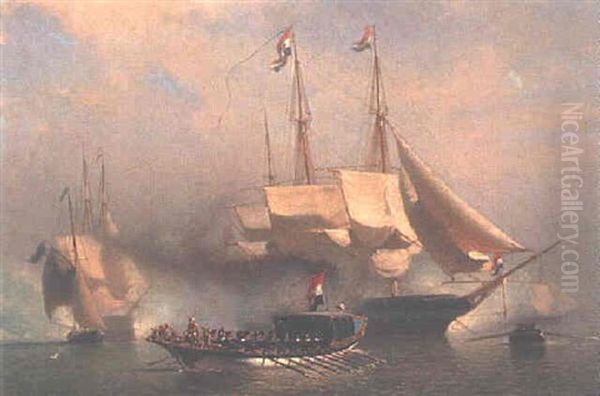 A Royal Barge Passing A Two-master Firing A Salute Oil Painting by Johan Conrad Greive