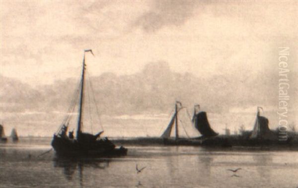 A River Landscape With Sailing Vessels Oil Painting by Johan Conrad Greive