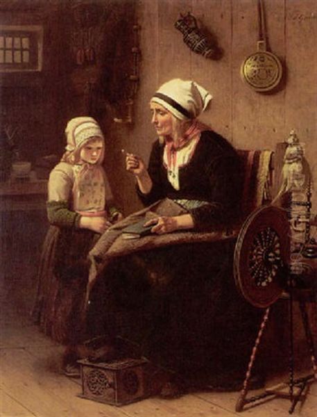 A Cottage Interior With A Woman And Child Oil Painting by Peter Franciscus Greive