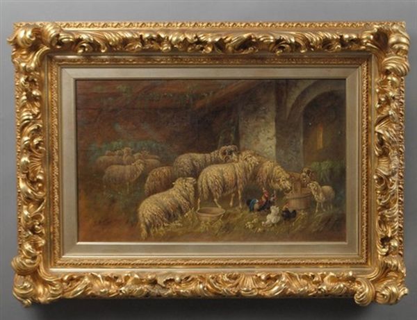 Sheep And Fowl In A Barn Oil Painting by Johanna Grell