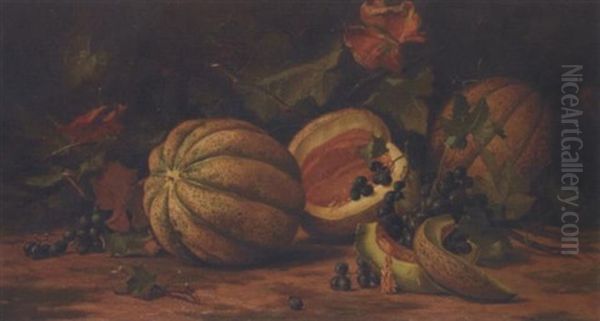 An Autumnal Still Life With Melons And Grapes Oil Painting by Deidrich Henry Gremke