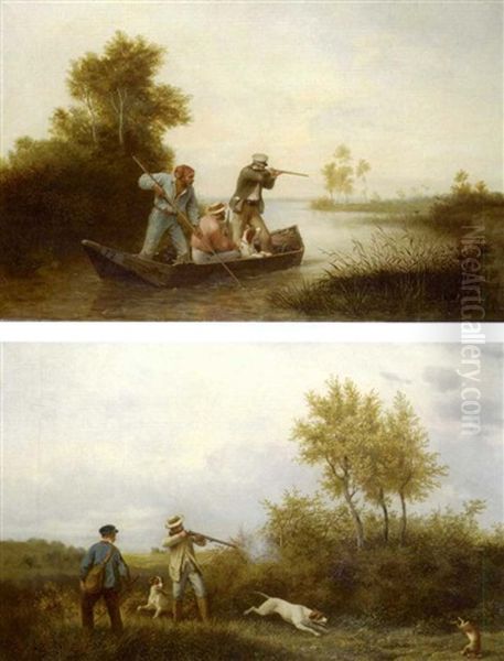 La Chasse Au Marais (+ La Chasse Au Lapin; Pair) Oil Painting by Francois Grenier de Saint Martin