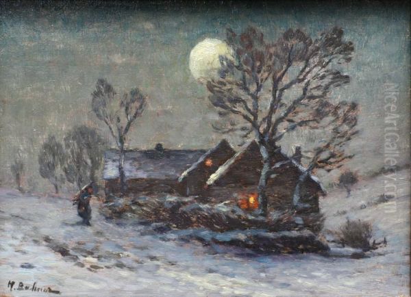 Chaumiere Sous La Neige Oil Painting by Hermann Bahner