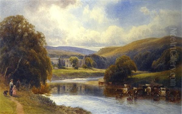 The Wharfe At Bolton Abbey With Figures And Cattle In The Foreground by Frank Gresley