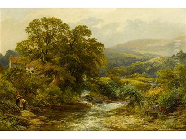 A Woodland Stream With Figures On The Bank And Cottages In The Distance Oil Painting by James Stephen Gresley