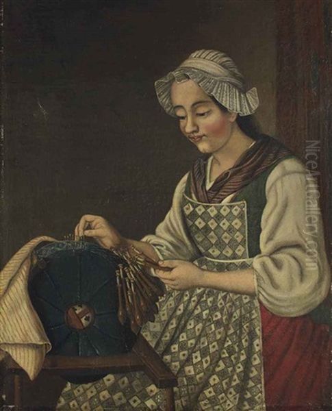 Une Jeune Brodeuse Oil Painting by Gabriel (Gaspard) Gresly