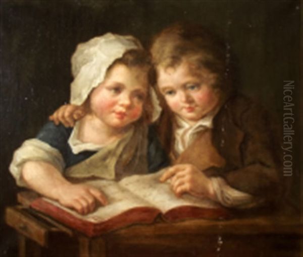 Deux Enfants A La Lecture Oil Painting by Gabriel (Gaspard) Gresly