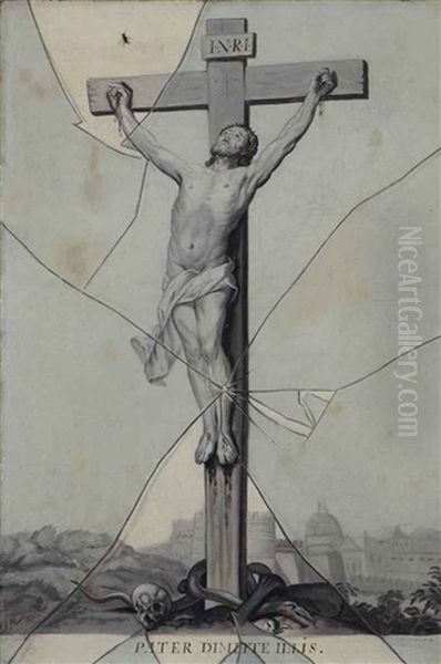 Crucifixion: Trompe-l'oeil De Gravure Oil Painting by Gabriel (Gaspard) Gresly