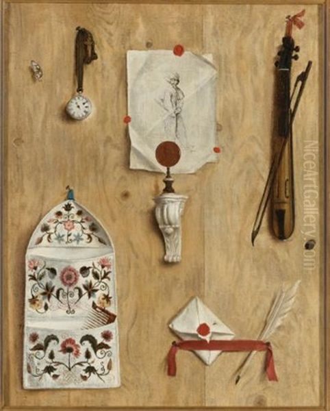 Trompe L'oeil With An Engraving, Pocket Watch, Quill Pen, Pochette, And Letter Holder Oil Painting by Gabriel (Gaspard) Gresly