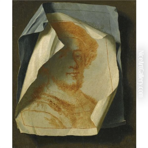 Trompe L'oeil With A Portrait Of Rembrandt, In Red Chalk With Another Drawing Pinned To The Wall Oil Painting by Gabriel (Gaspard) Gresly