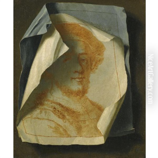 Trompe L'oeil With Two Portrait Drawings Pinned To The Wall Oil Painting by Gabriel (Gaspard) Gresly