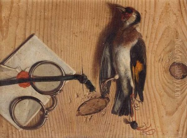 Trompe-l'oeil Au Binocle Et Au Chardonneret Elegant Sur Sa Toile D'origine Oil Painting by Gabriel (Gaspard) Gresly