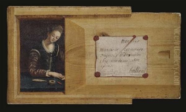 A Trompe L'oeil Of A Box, Half-open, With A Portrait Of A Lady At A Ledge, Writing A Letter Oil Painting by Gabriel (Gaspard) Gresly