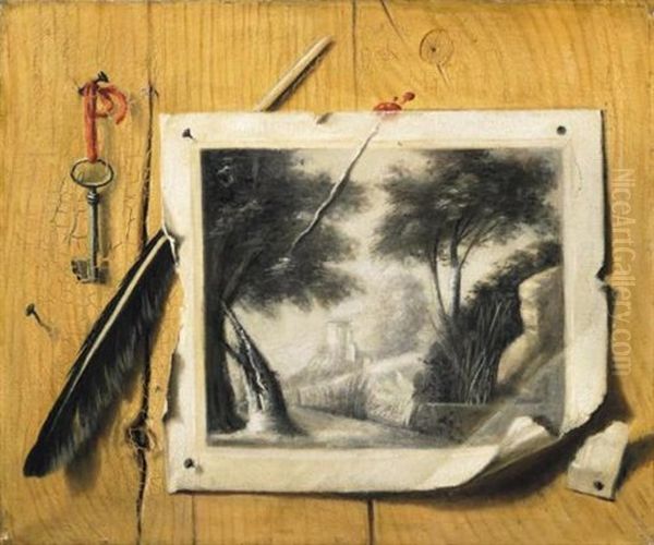 Trompe L'oeil Di Un Disegno, Una Penna E Una Chiave Fissati A Un Pannello Di Legno Oil Painting by Gabriel (Gaspard) Gresly