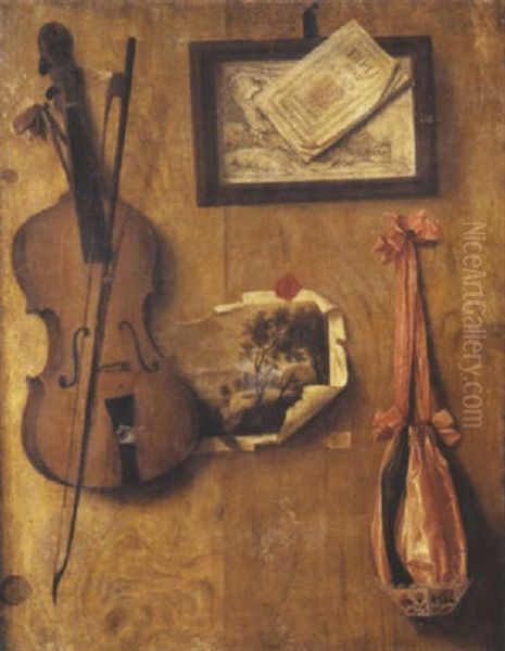 Trompe-l'oeil Au Violon Et Aux Gravures Oil Painting by Gabriel (Gaspard) Gresly