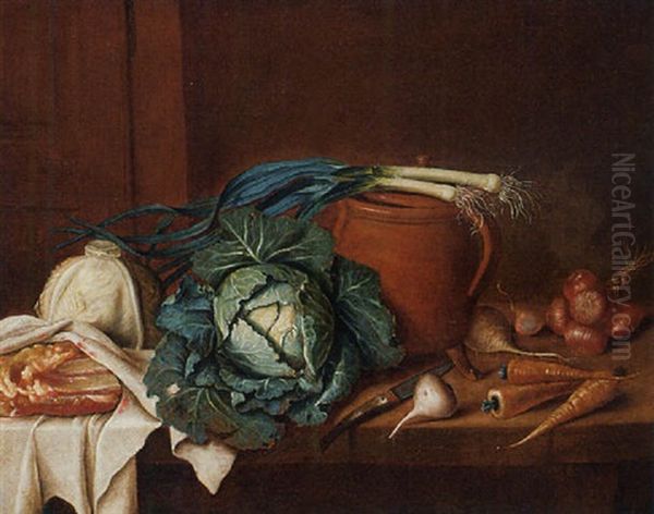 Cabbages, Leeks, Turnips, Carrots And Onions With A Knife, A Jug And Meat On A Table Oil Painting by Gabriel (Gaspard) Gresly