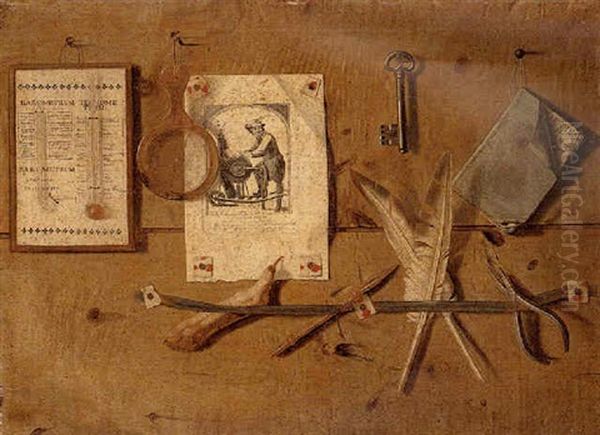 Trompe L'oeil Of A Barometer And Thermometer, Together With A Magnifying Glass, A Print Of Le Gagne Petit, A Key, And A Pen Oil Painting by Gabriel (Gaspard) Gresly