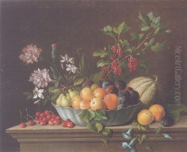 Still Life Of Peaches, Pears And Plums In A Blue Porcelain Bowl, With Cherries, A Honey Melon And Red Currants, All Upon A Stone Ledge Oil Painting by Gabriel (Gaspard) Gresly