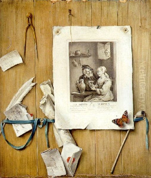 A Trompe L'oeil Of An Engraving Of David Tenier Ii's Surprised Lovers, Letters, A Bill And Other Objects Attached To A Partition Oil Painting by Gabriel (Gaspard) Gresly