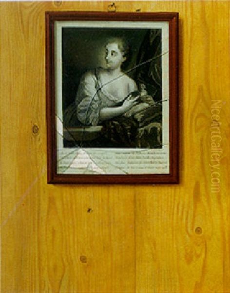 Trompe L'oeil Still Life Of A Print Under Broken Glass Hanging On A Wooden Board Oil Painting by Gabriel (Gaspard) Gresly