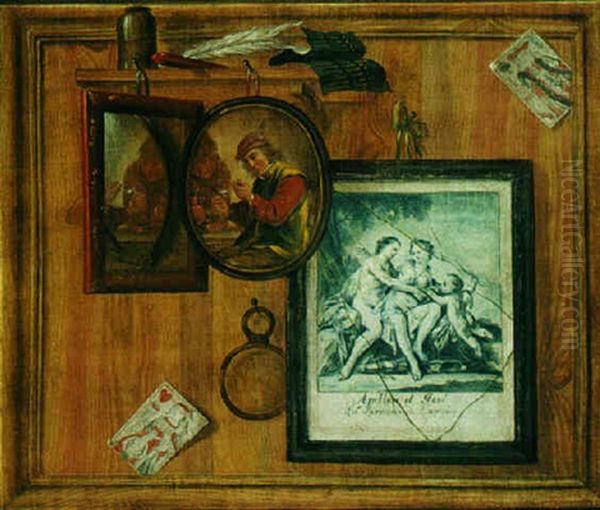 A Trompe L'oeil Still Life Of A Print, A Miniature. . . Oil Painting by Gabriel (Gaspard) Gresly