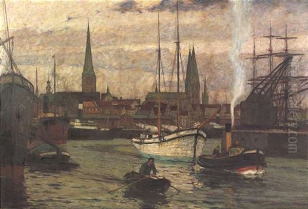 Im Hafen Von Lubeck, Im Hintergrund Die Turme Von St. Marien Und St. Petri Oil Painting by Carlos Grethe