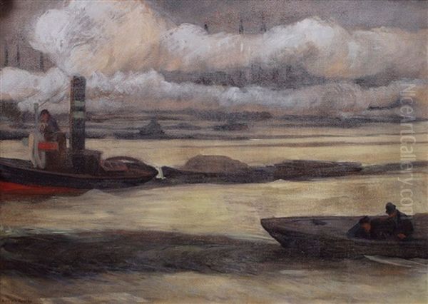 Schutenzug Bei Morgendammerung Im Hamburger Hafen Oil Painting by Carlos Grethe