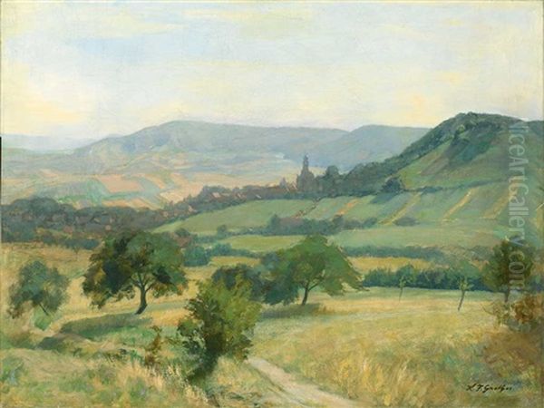 Hugelige Landschaft Mit Kirchdorf An Einem Sommertag Oil Painting by Ferdinand Karl Grether