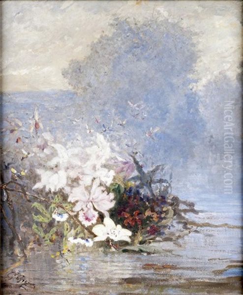 Fleurs Et Papillons Sur L'etang Oil Painting by Gustave Marie Greux