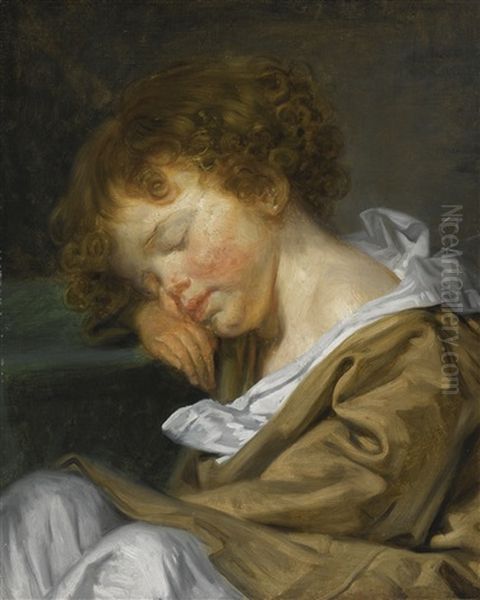 A Boy Asleep On A Table, Half-length, Facing To The Left Oil Painting by Jean Baptiste Greuze