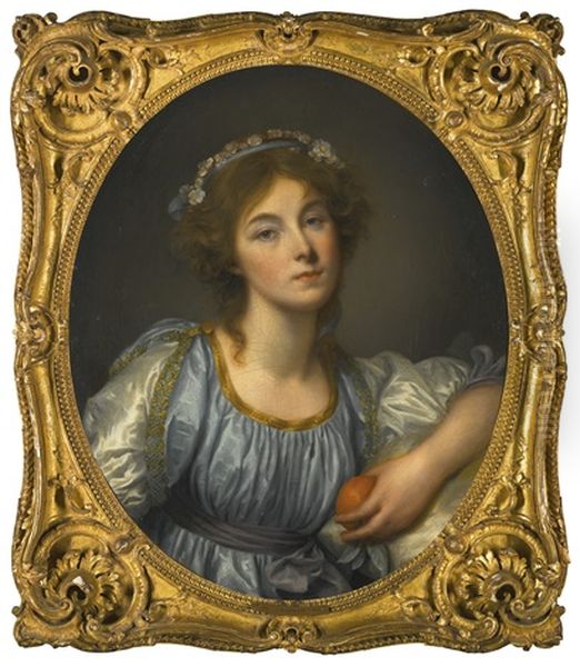 A Young Girl Holding An Orange Oil Painting by Jean Baptiste Greuze