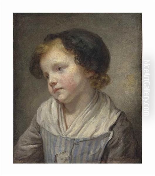 A Young Girl, Bust-length, In A Blue And White Striped Pinafore With Grey Sleeves And A Black Lace Bonnet Oil Painting by Jean Baptiste Greuze