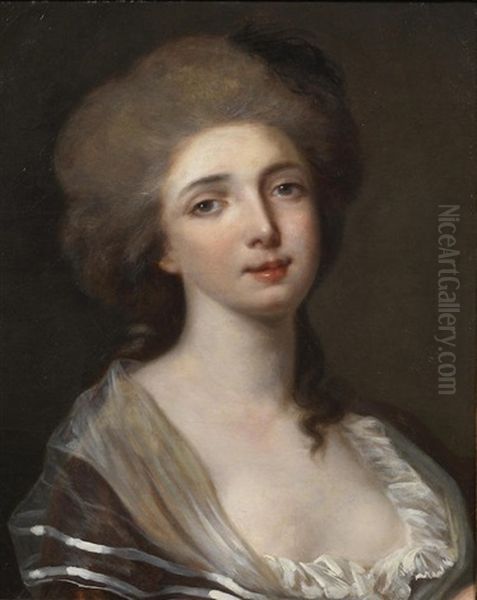 Portrait Of A Lady, Bust-length, In A Brown Dress And A White Wrap Oil Painting by Jean Baptiste Greuze