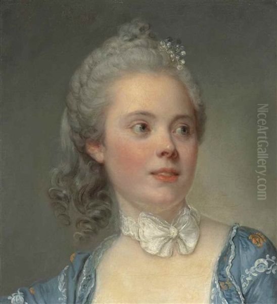 Portrait Of A Lady, Bust-length, In An Embroidered Blue Dress With A White Lace Ribbon Tied In A Bow At Her Neck Oil Painting by Jean Baptiste Greuze