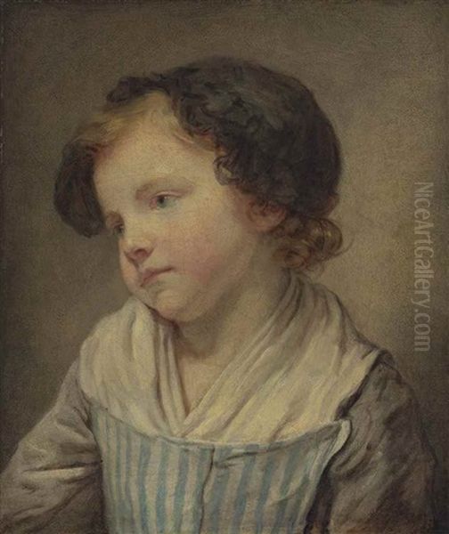 Portrait Of A Young Girl, Bust-length, In A Blue And White Striped Pinafore With Grey Sleeves And A Black Lace Bonnet by Jean Baptiste Greuze