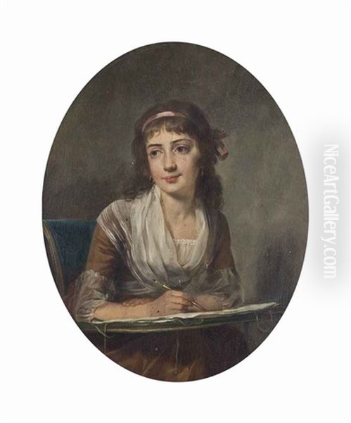 A Young Lady Sketching Oil Painting by Jean Baptiste Greuze