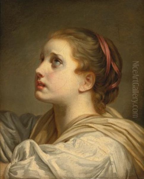 Portrait Of A Girl, Head And Shoulders, Looking Up Oil Painting by Jean Baptiste Greuze