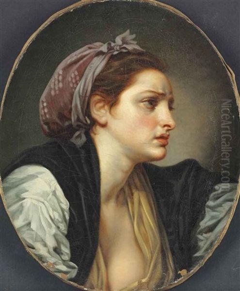 Portrait Of A Woman, Bust-length, In A Yellow Dress And White Blouse, Wearing A Pink Scarf by Jean Baptiste Greuze