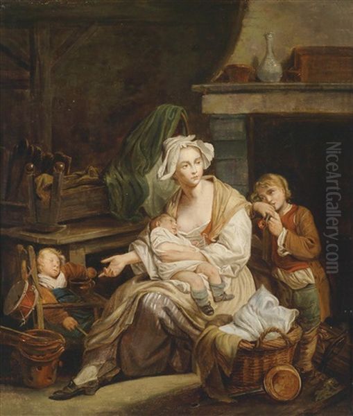 Bauerliches Interieur Mit Einer Jungen Mutter Und Ihren Drei Kindern Oil Painting by Jean Baptiste Greuze