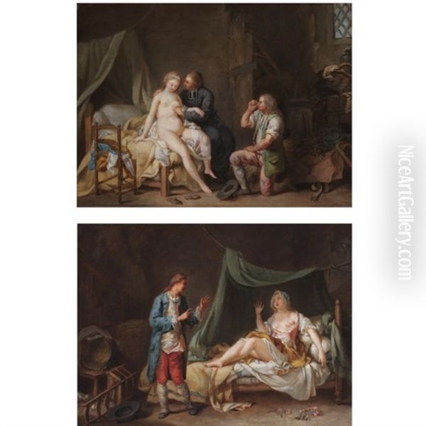 A Bedroom Scene With A Female Nude And Two Male Figures (+ A Bedroom Scene With A Woman Shunning A Man's Advances; Pair) Oil Painting by Jean Baptiste Greuze