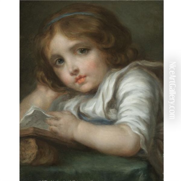 Portrait Of A Girl Reading A Book Oil Painting by Jean Baptiste Greuze