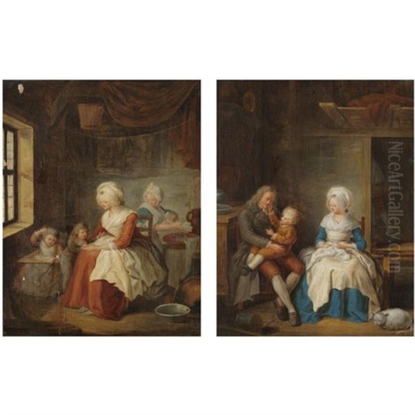 An Interior With A Couple Playing With Their Child (+ An Interior With A Mother Playing With Two Children, A Maid Beyond; Pair) Oil Painting by Jean Baptiste Greuze