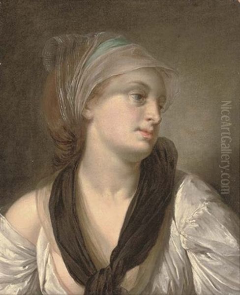 Portrait Of A Lady In A White Dress And Black Shawl, A Blue And White Scarf In Her Hair Oil Painting by Jean Baptiste Greuze