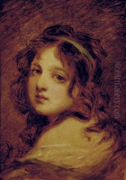 Portrait Of A Girl With A Blue Ribbon In Her Hair Oil Painting by Jean Baptiste Greuze