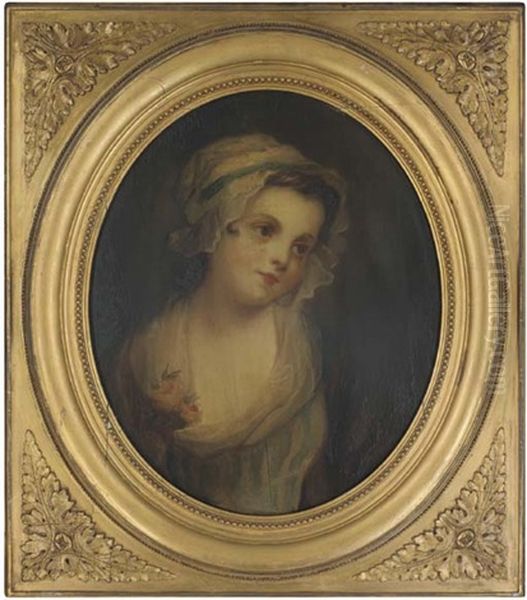 Portrait Of A Girl, Half-length, In A Bonnet, With Flowers In Her Right Hand Oil Painting by Jean Baptiste Greuze